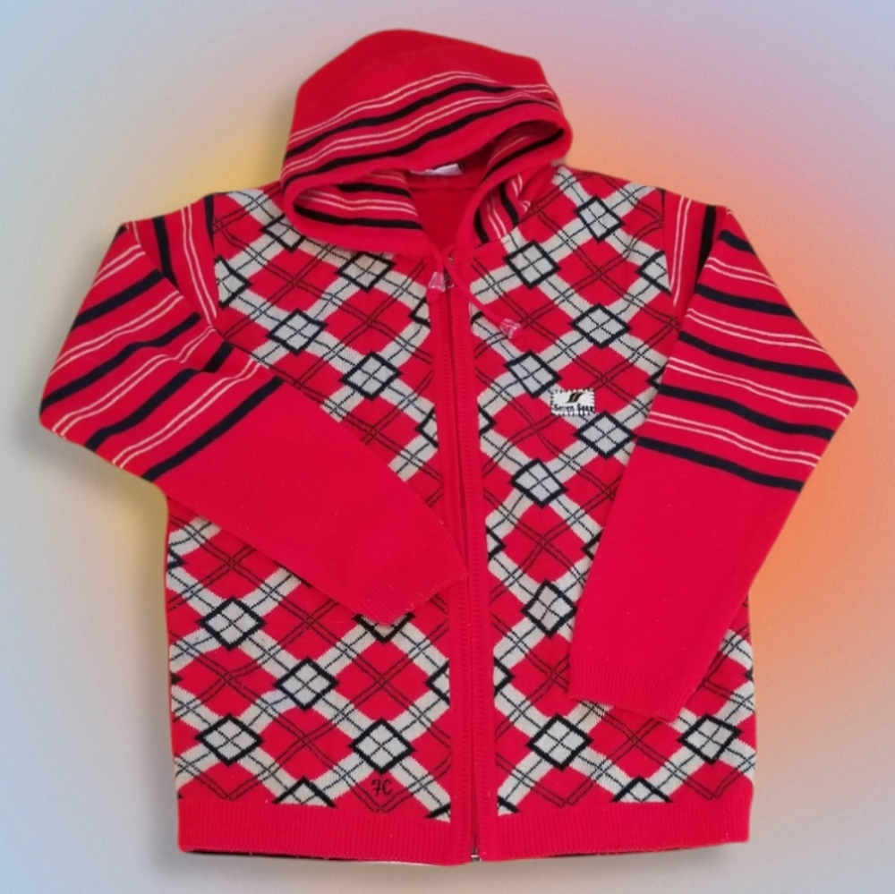Vintage look Seven Seas argyle and striped pattern hooded zip sweater size 32